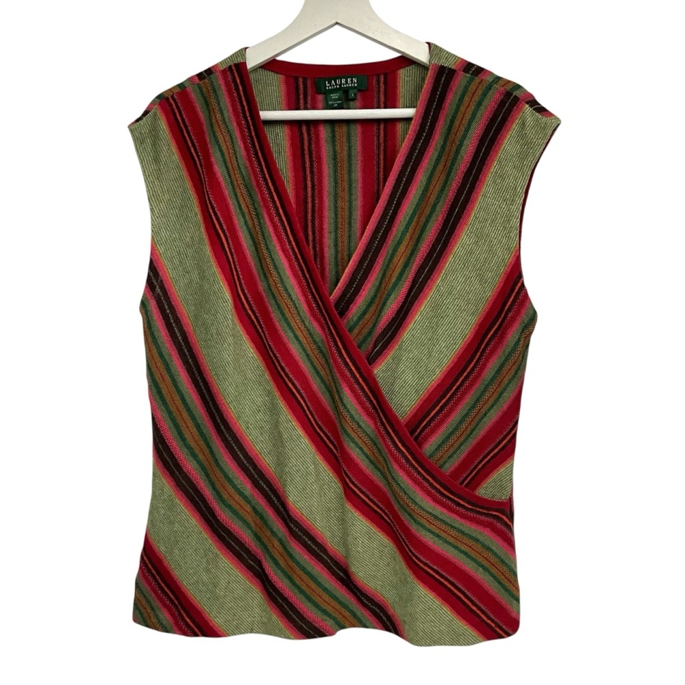 Ralph Lauren Vibrant Striped Surplice Sleeveless Wrap Linen Sweater Top Aztec L